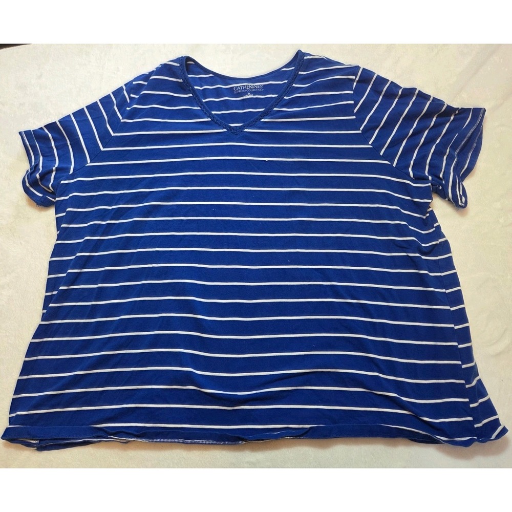 143-Catherines Suprema Collection Women's 3X 26/28W Blue White Striped V Neck